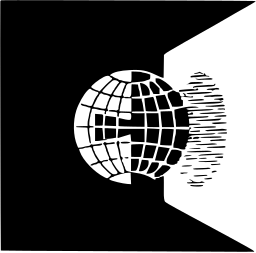 Mark 778: Gridded globe partly in white on a black block with a wedge notch. Heavenly bodies, for DRUPA. Trademarks & Symbols Vol. 2, Kuwayama, 1973.