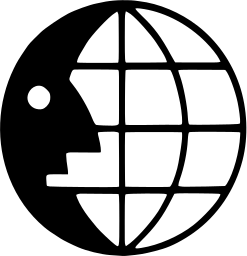 Mark 783: Black disc with a face in profile blending into a gridded globe. Heavenly bodies, designed by Karl Werner. Trademarks & Symbols Vol. 2, Kuwayama, 1973.
