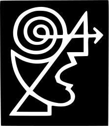 Mark 80: White line profile of a face with a spiral above and an arrow, on a black square. Faces, designed by Jacques Nathan-Garamond. Trademarks & Symbols Vol. 2, Kuwayama, 1973.