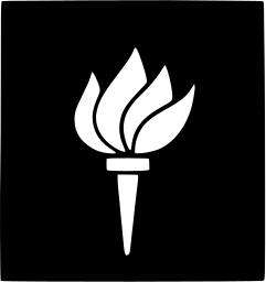 Mark 804: White torch with a multiple tongue flame on a black square. Minerals, designed by Chermayeff & Geismar Associates for New York University. Trademarks & Symbols Vol. 2, Kuwayama, 1973.