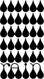 Mark 812: Grid of raindrops with the word rain formed by drops at the bottom. Minerals, designed by Tom & Teresa Woodward for Rain Records. Trademarks & Symbols Vol. 2, Kuwayama, 1973.