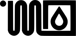 Mark 813: Winding black pipe line leading to a framed water drop. Minerals, designed by Walter Diethelm for Christinger Heizungsbau. Trademarks & Symbols Vol. 2, Kuwayama, 1973.