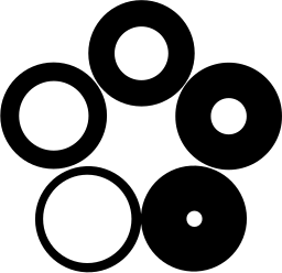 Mark 832: Six circles of different ring thicknesses in a loose circle. Circles, designed by Takeshi Ohtaka for Wagen-Shuzo Co., Ltd. Trademarks & Symbols Vol. 2, Kuwayama, 1973.