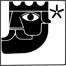 Mark 86: Crowned head in profile with a large eye and an asterisk beside it, in a thin square frame. Faces, designed by Masayoshi Nakajo for Kushihara Shokai Co. Trademarks & Symbols Vol. 2, Kuwayama, 1973.