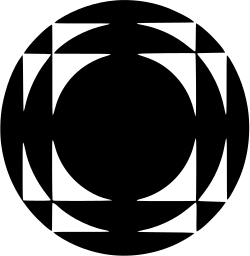 Mark 874: Black circle in a square of white notches inside a black disc. Circles, designed by Yusaku Kamekura for The Japan Society of Obstetrics and Gynecology. Trademarks & Symbols Vol. 2, Kuwayama, 1973.