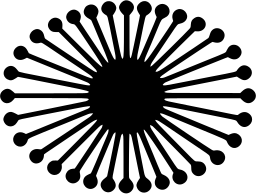 Mark 894: Black centre with fine rays ending in round dots in an oval. Circles, designed by Tetsuo Katayama for Sun Five Co., Ltd. Trademarks & Symbols Vol. 2, Kuwayama, 1973.
