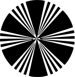 Mark 896: Black disc with long thin white wedges meeting off centre. Circles, designed by Stephan kantscheff for Direction Cinematographic Bulgare. Trademarks & Symbols Vol. 2, Kuwayama, 1973.