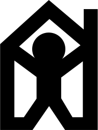 Mark 9: Figure with raised arms standing inside a house outline. Human figures, designed by Lello Castellaneta for Balatum Italiana. Trademarks & Symbols Vol. 2, Kuwayama, 1973.