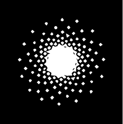 Mark 903: Halftone of square dots dissolving into a bright centre on black. Circles, designed by Nick Fasciano for Howard Miller Clock Co. Trademarks & Symbols Vol. 2, Kuwayama, 1973.