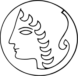 Mark 94: Classical head in profile with curled hair, drawn in thin lines inside a circle. Faces, designed by E.R. Vogenauer. Trademarks & Symbols Vol. 2, Kuwayama, 1973.