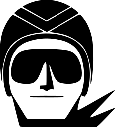 Mark 96: Front view of a head in a flying helmet and dark goggles with a spiky shape at the side. Faces, for Nihon Rayon. Trademarks & Symbols Vol. 2, Kuwayama, 1973.