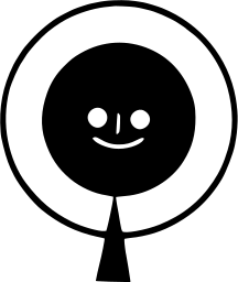 Mark 97: Smiling black disc inside a thin ring that tapers into a short stem. Faces, designed by Tadashi Ohashi. Trademarks & Symbols Vol. 2, Kuwayama, 1973.