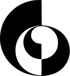 Mark 984: Offset split disc holding a small white spiral curl. Circles, designed by Adrian Frutiger for Centre International de Généralisation du Mont Canisi. Trademarks & Symbols Vol. 2, Kuwayama, 1973.