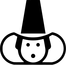 Mark 99: Surprised face under a tall hat with two large loops of hair at the sides. Faces, designed by Dr. Hahn. Trademarks & Symbols Vol. 2, Kuwayama, 1973.